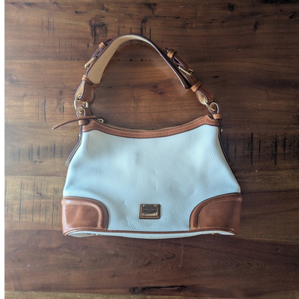 Dooney & Bourke Shoulder Bag White Pebbled Leather‎ Tan Trim Equestrian Classic